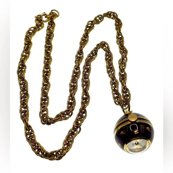 Vintage 1960s Signed Jean Perret Gold Tone Red Enamel Orb Necklace Watch Working - Picture 13 of 14